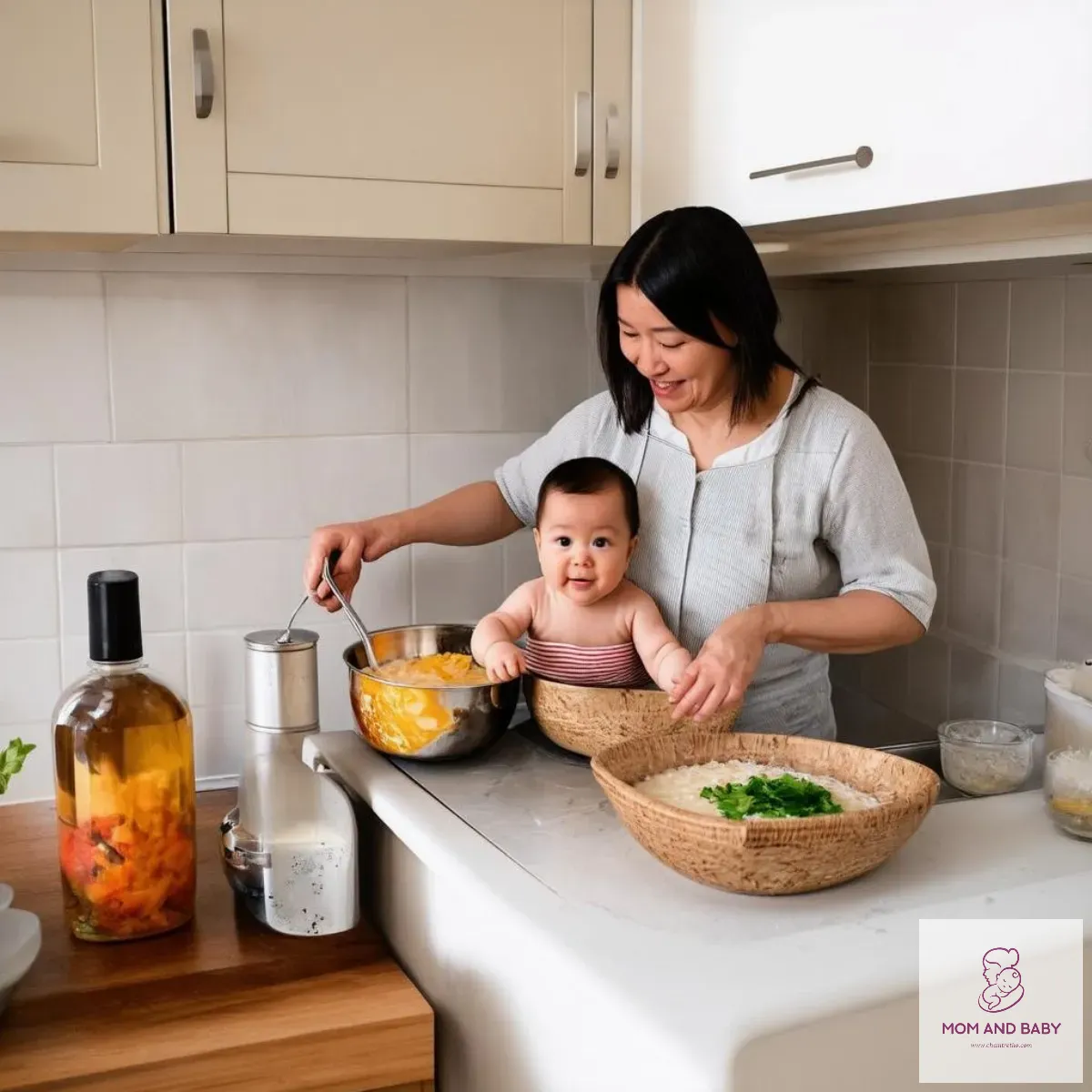 Mẹ nấu cháo cho bé