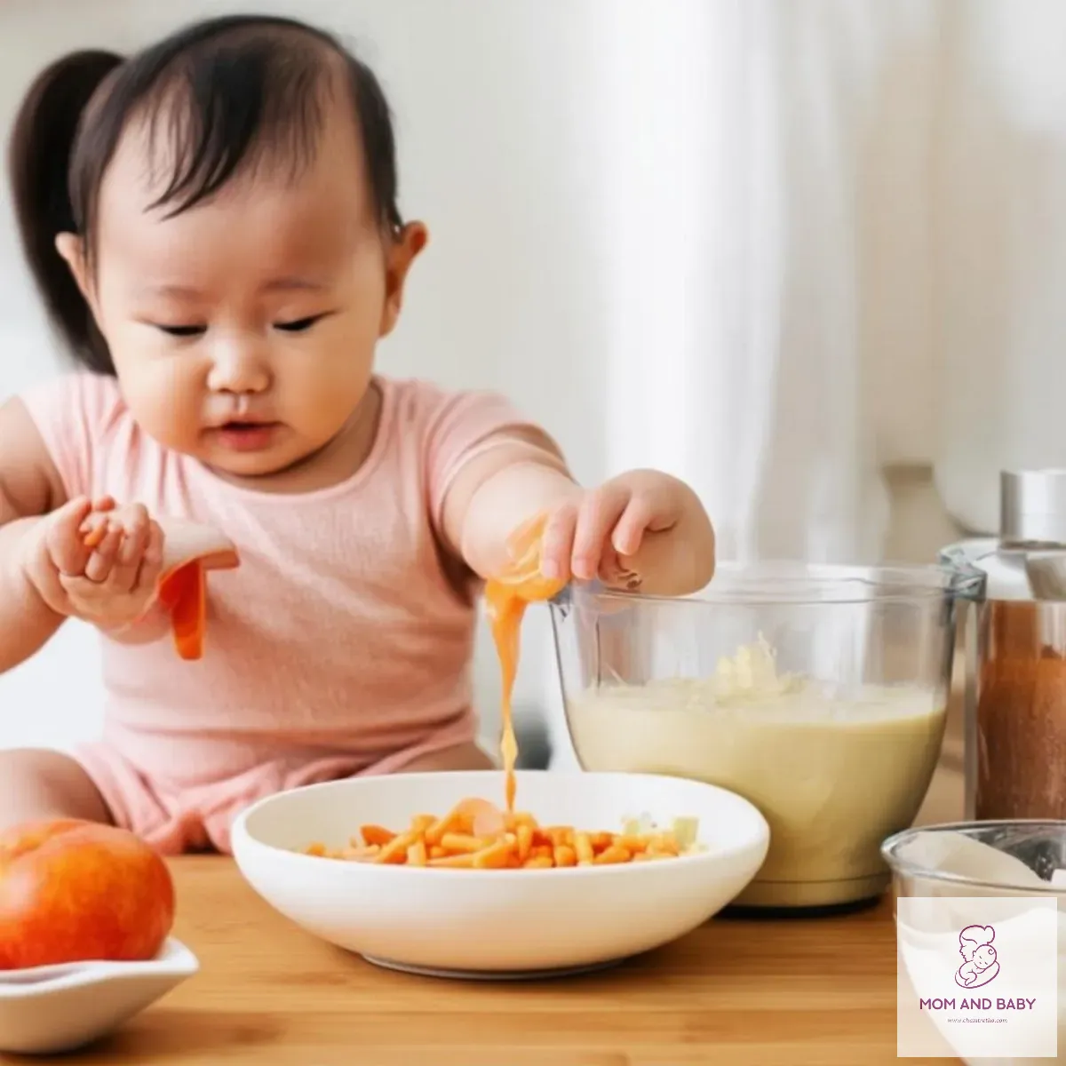 mẹ xay nhuyễn thức ăn cho bé 9 tháng